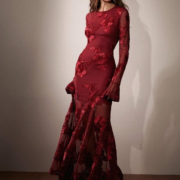 Red Elegant Romantic Women's Soft 3d Floral Embroidery Maxi Dress - Picture 5 of 6